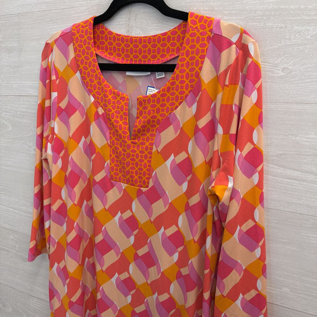 Susan Graver Pink/ Multi Print Long Sleeve Dress Large Petite