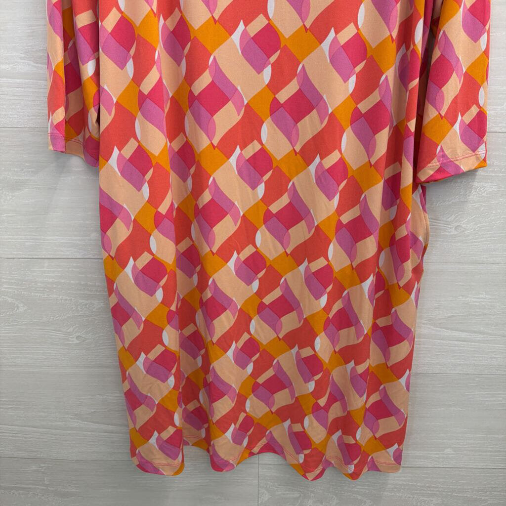 Susan Graver Pink/ Multi Print Long Sleeve Dress Large Petite