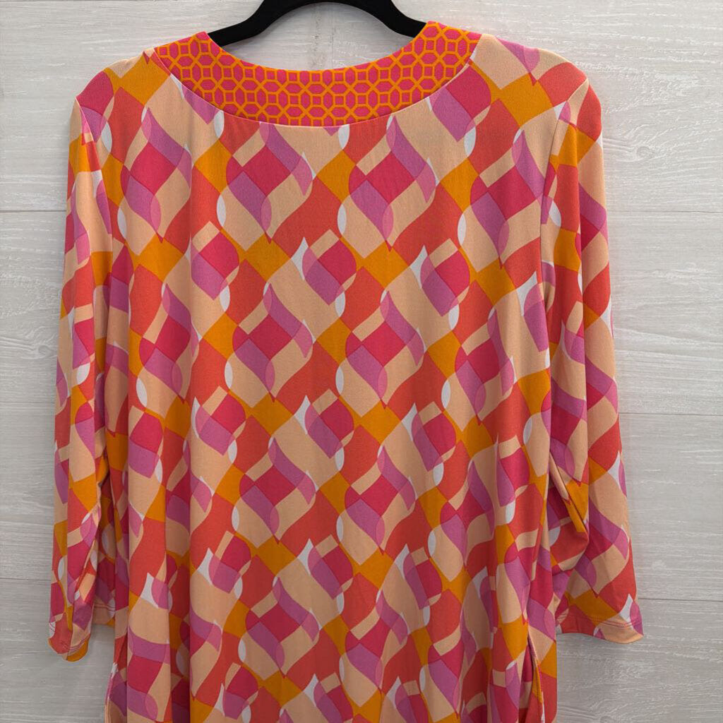Susan Graver Pink/ Multi Print Long Sleeve Dress Large Petite