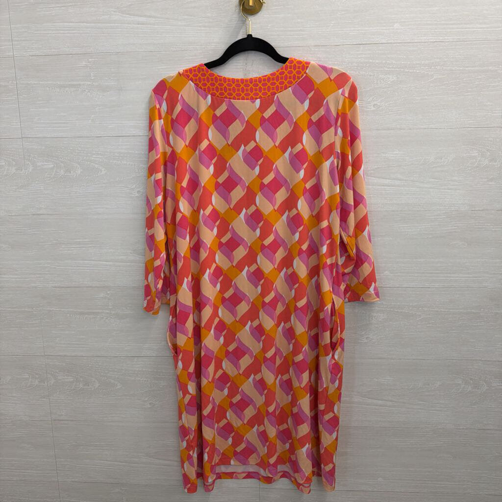 Susan Graver Pink/ Multi Print Long Sleeve Dress Large Petite