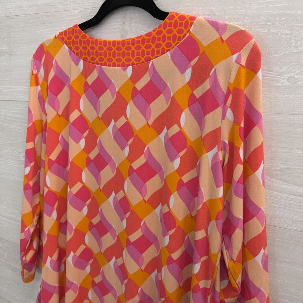 Susan Graver Pink/ Multi Print Long Sleeve Dress Large Petite