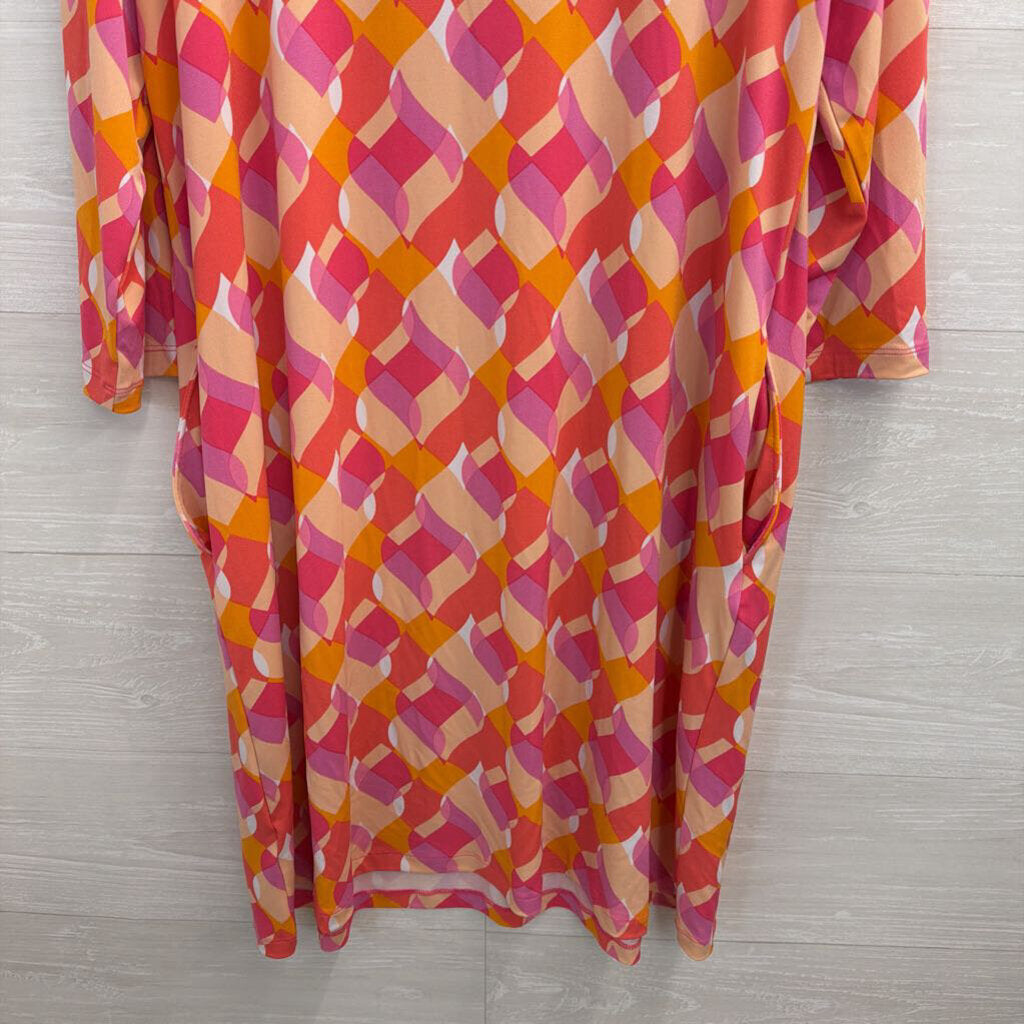 Susan Graver Pink/ Multi Print Long Sleeve Dress Large Petite