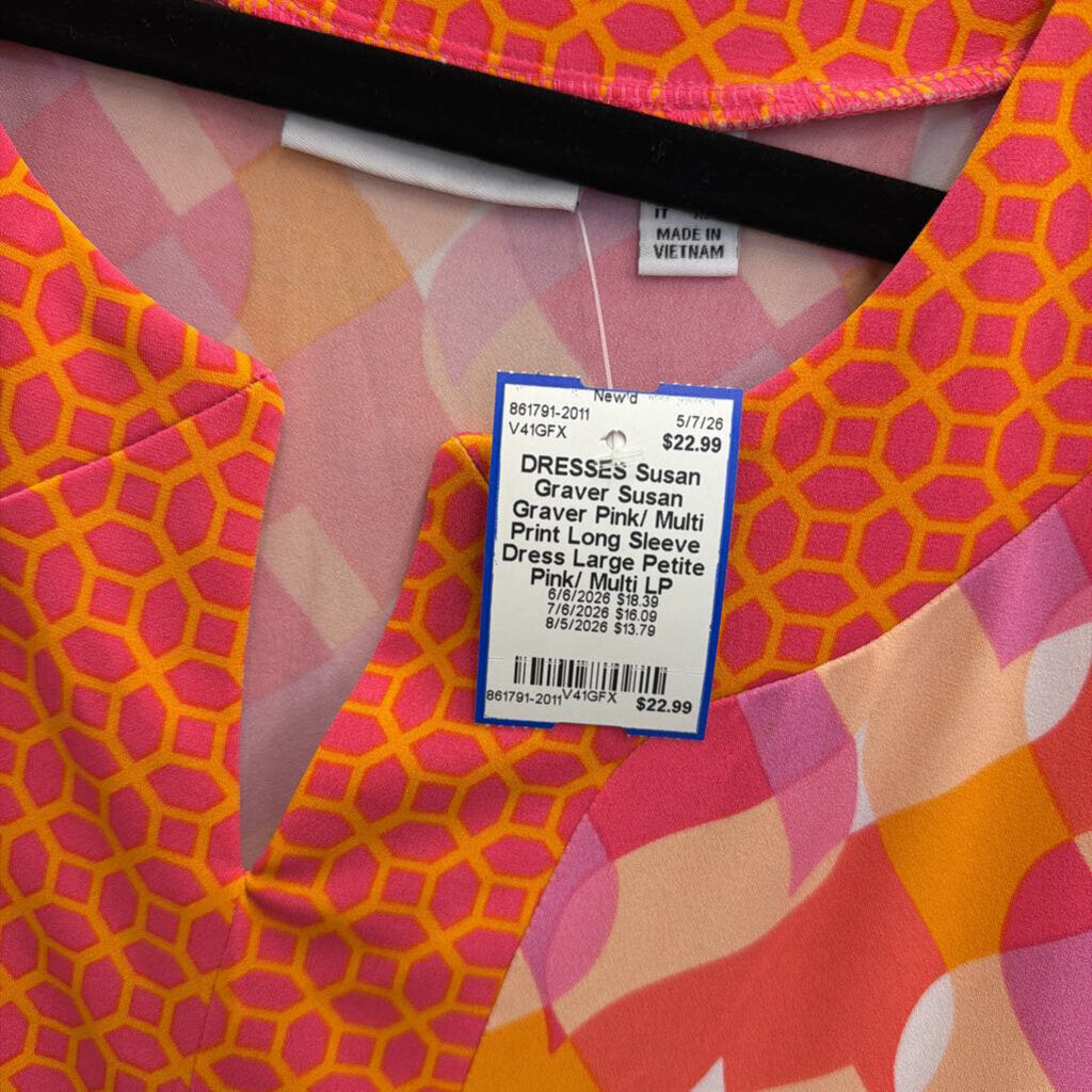 Susan Graver Pink/ Multi Print Long Sleeve Dress Large Petite