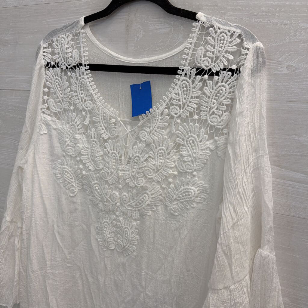 White Crochet Lace Detail Long Sleeve Dress Large