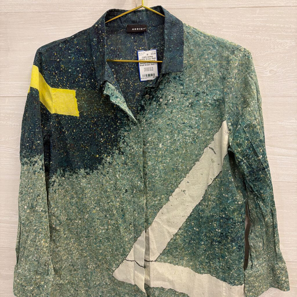 AKRIS Green/ Multi Print Long Sleeve Button Down Top Small