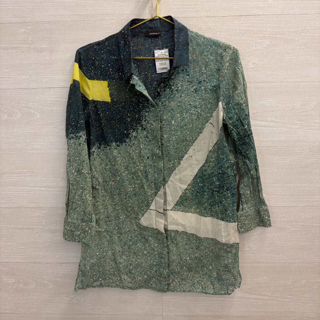 AKRIS Green/ Multi Print Long Sleeve Button Down Top Small