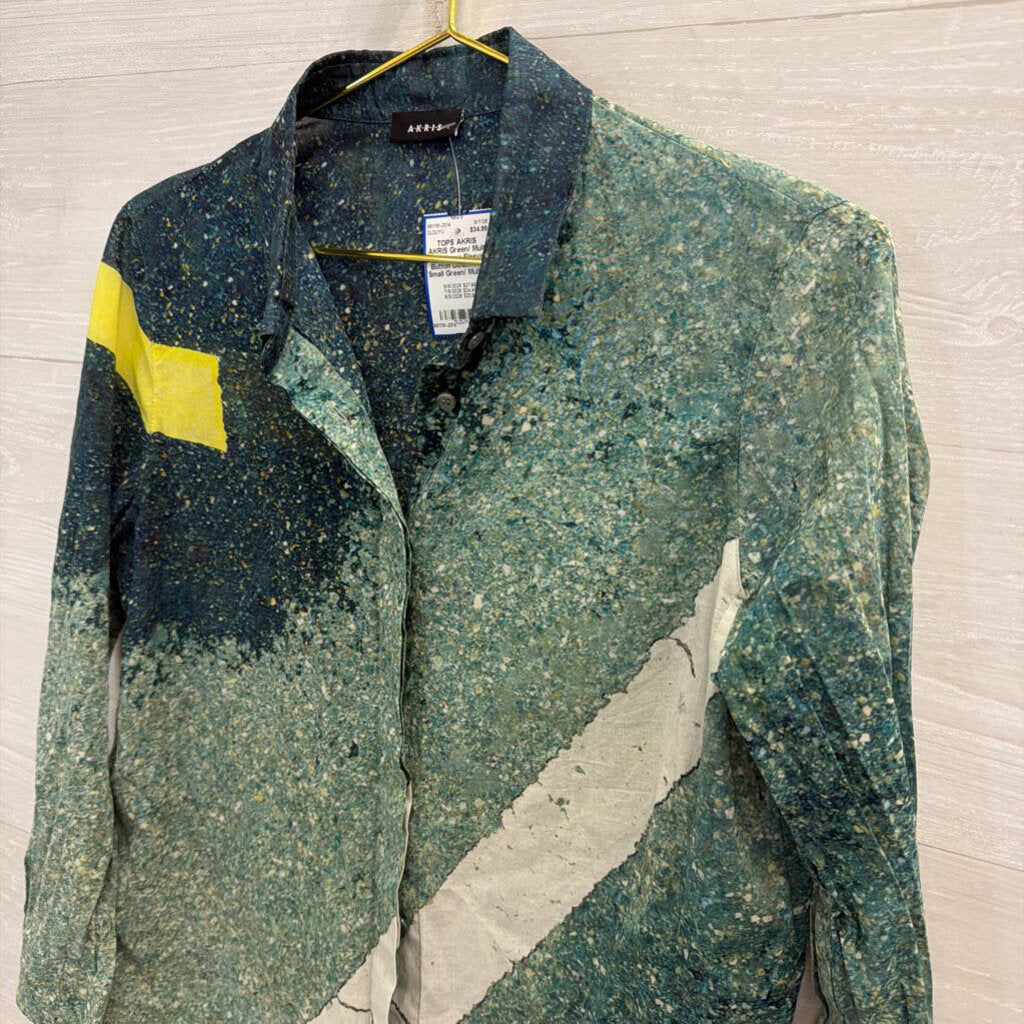 AKRIS Green/ Multi Print Long Sleeve Button Down Top Small