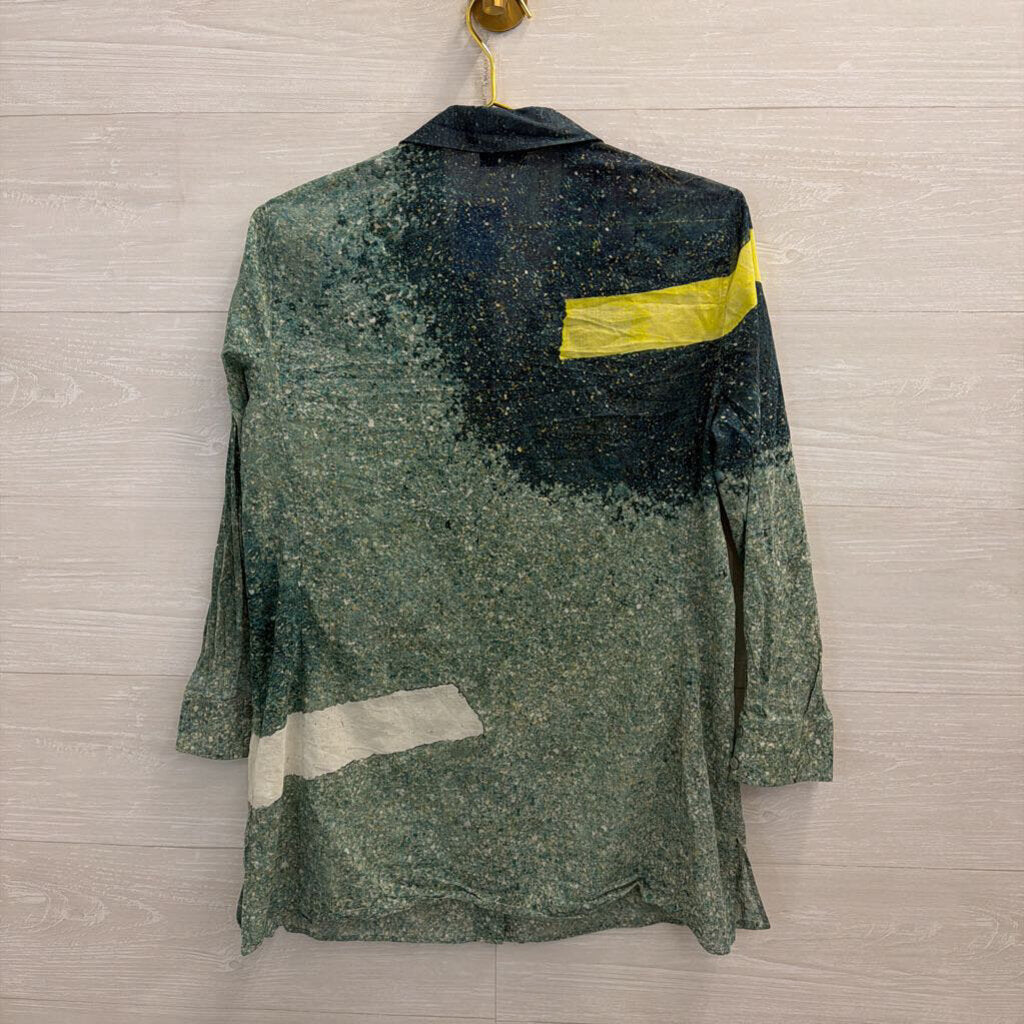 AKRIS Green/ Multi Print Long Sleeve Button Down Top Small