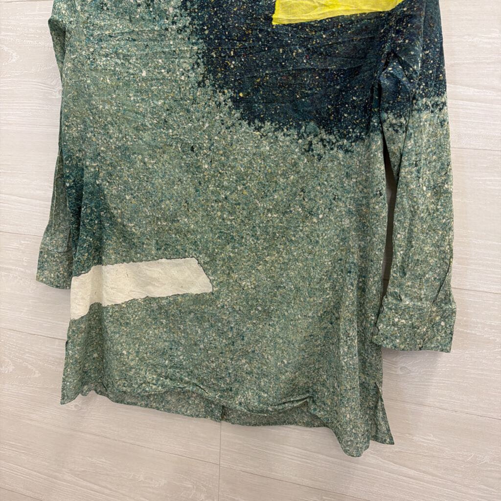 AKRIS Green/ Multi Print Long Sleeve Button Down Top Small