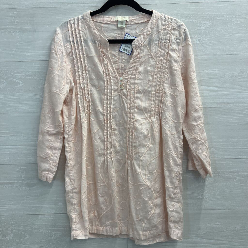 St Tropez Pink 100% Linen Embroidered Print Long Sleeve Top Medium