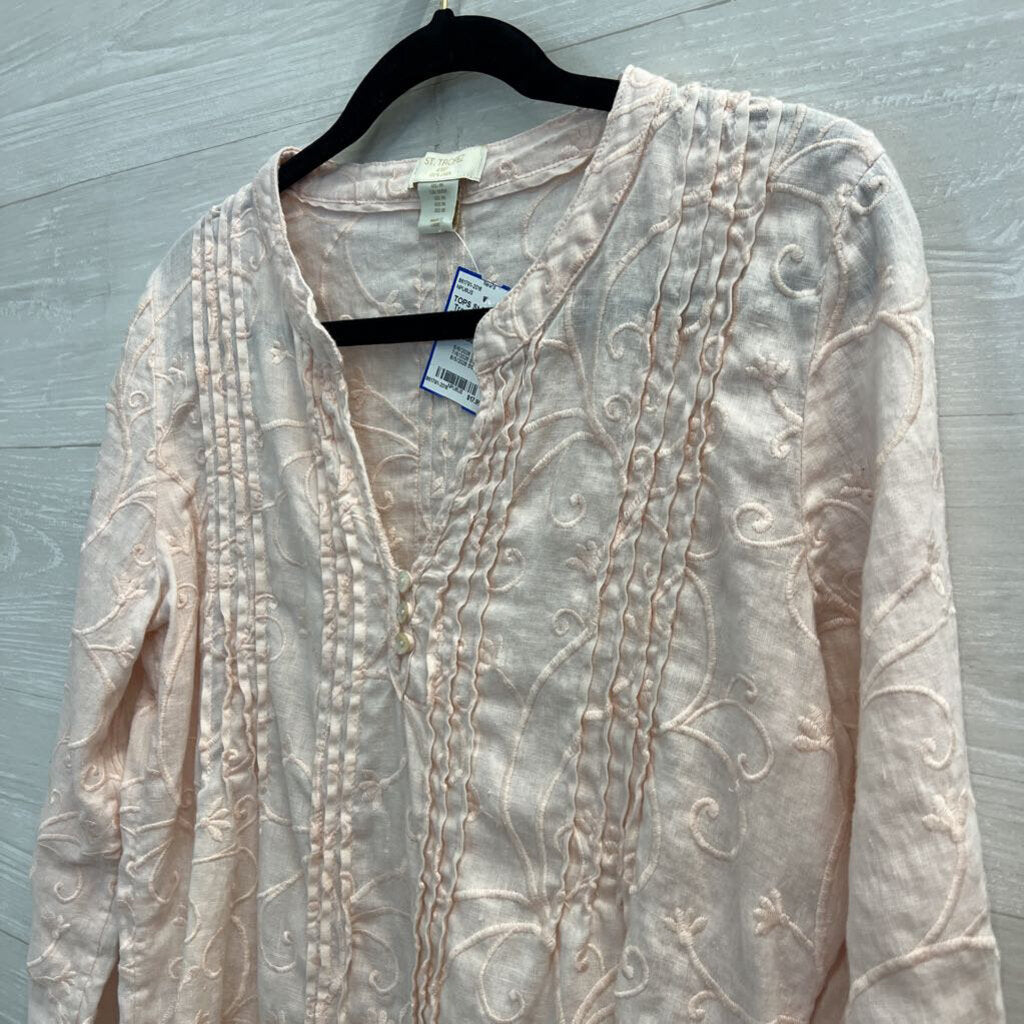 St Tropez Pink 100% Linen Embroidered Print Long Sleeve Top Medium