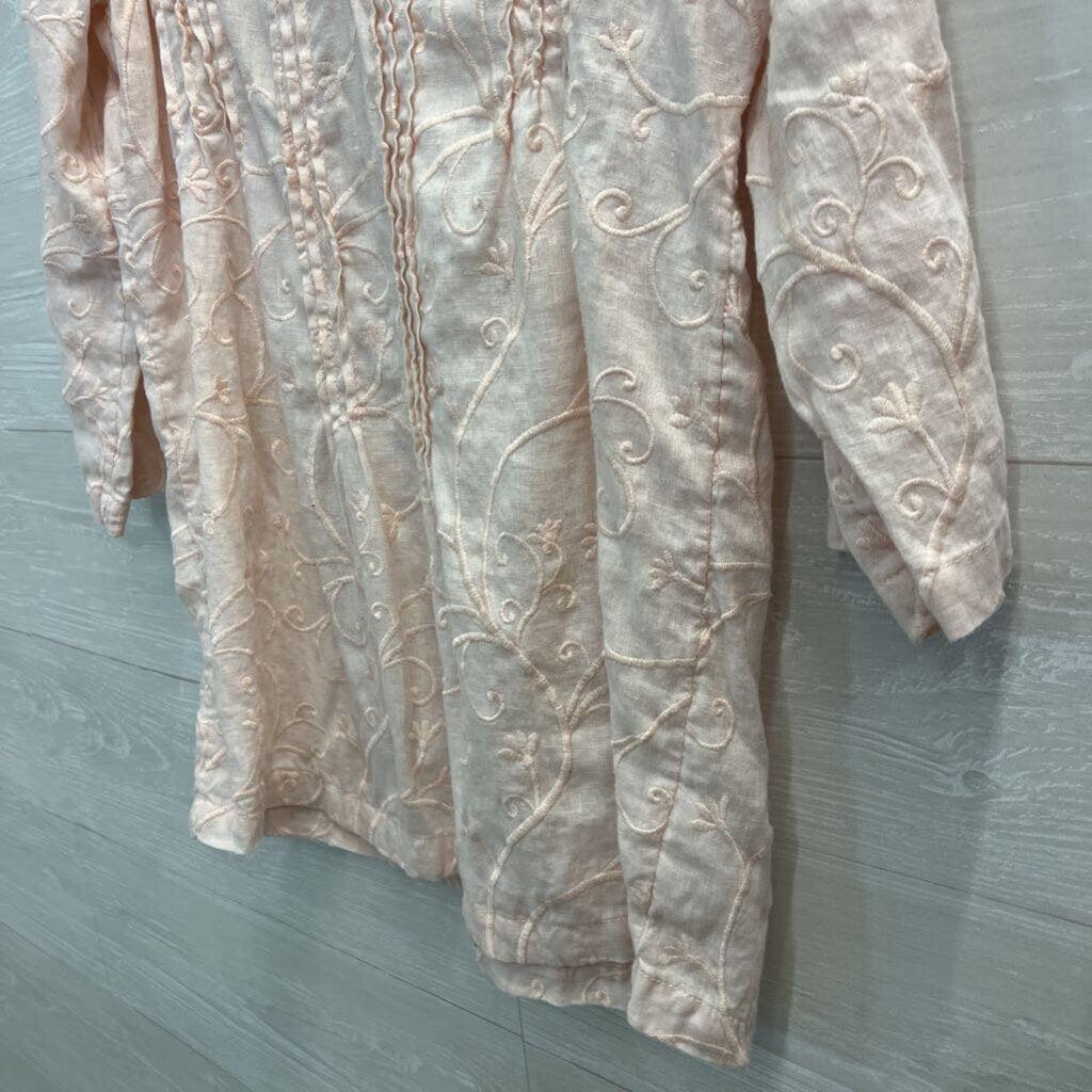 St Tropez Pink 100% Linen Embroidered Print Long Sleeve Top Medium