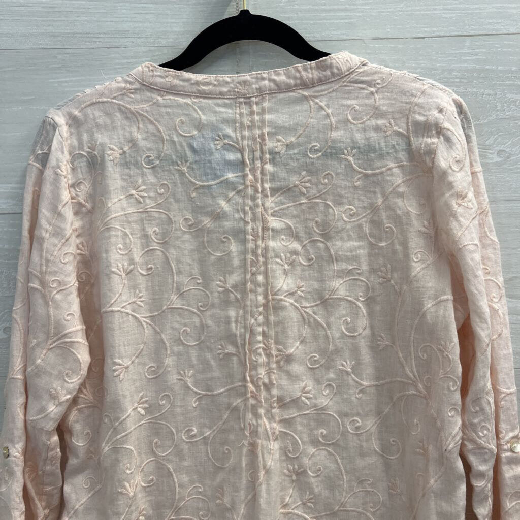 St Tropez Pink 100% Linen Embroidered Print Long Sleeve Top Medium