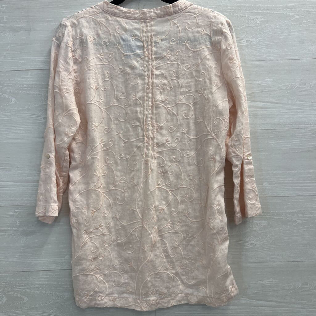 St Tropez Pink 100% Linen Embroidered Print Long Sleeve Top Medium