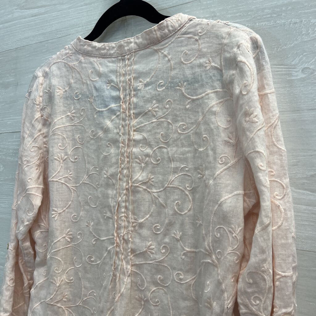 St Tropez Pink 100% Linen Embroidered Print Long Sleeve Top Medium