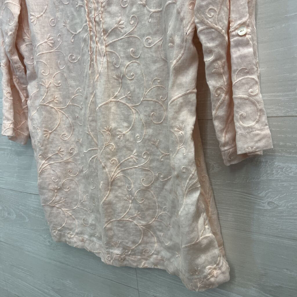 St Tropez Pink 100% Linen Embroidered Print Long Sleeve Top Medium