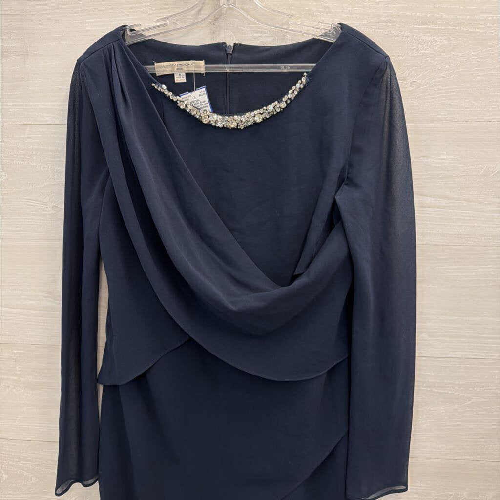 Evan Picone Navy Embellished Neckline Long Sleeve Short Formal Dress 8