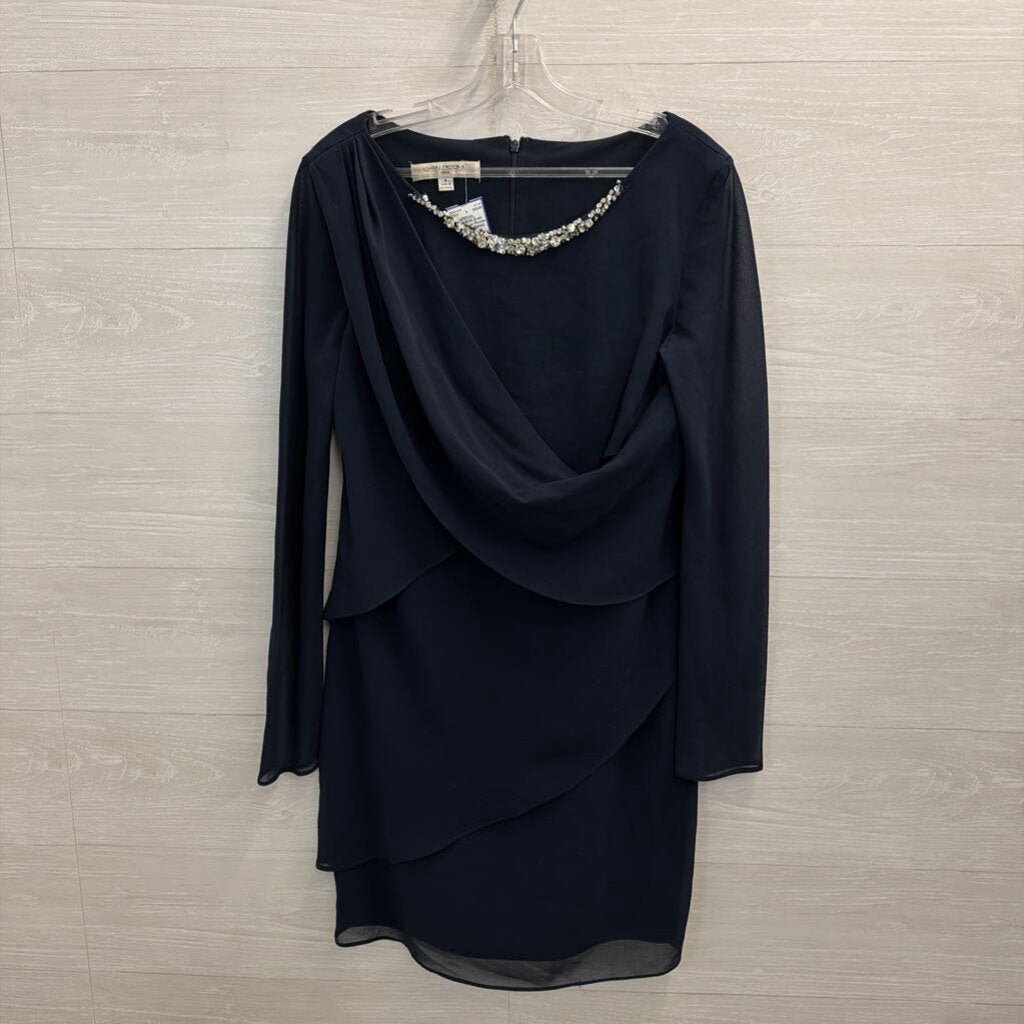 Evan Picone Navy Embellished Neckline Long Sleeve Short Formal Dress 8