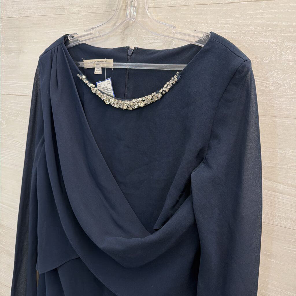 Evan Picone Navy Embellished Neckline Long Sleeve Short Formal Dress 8