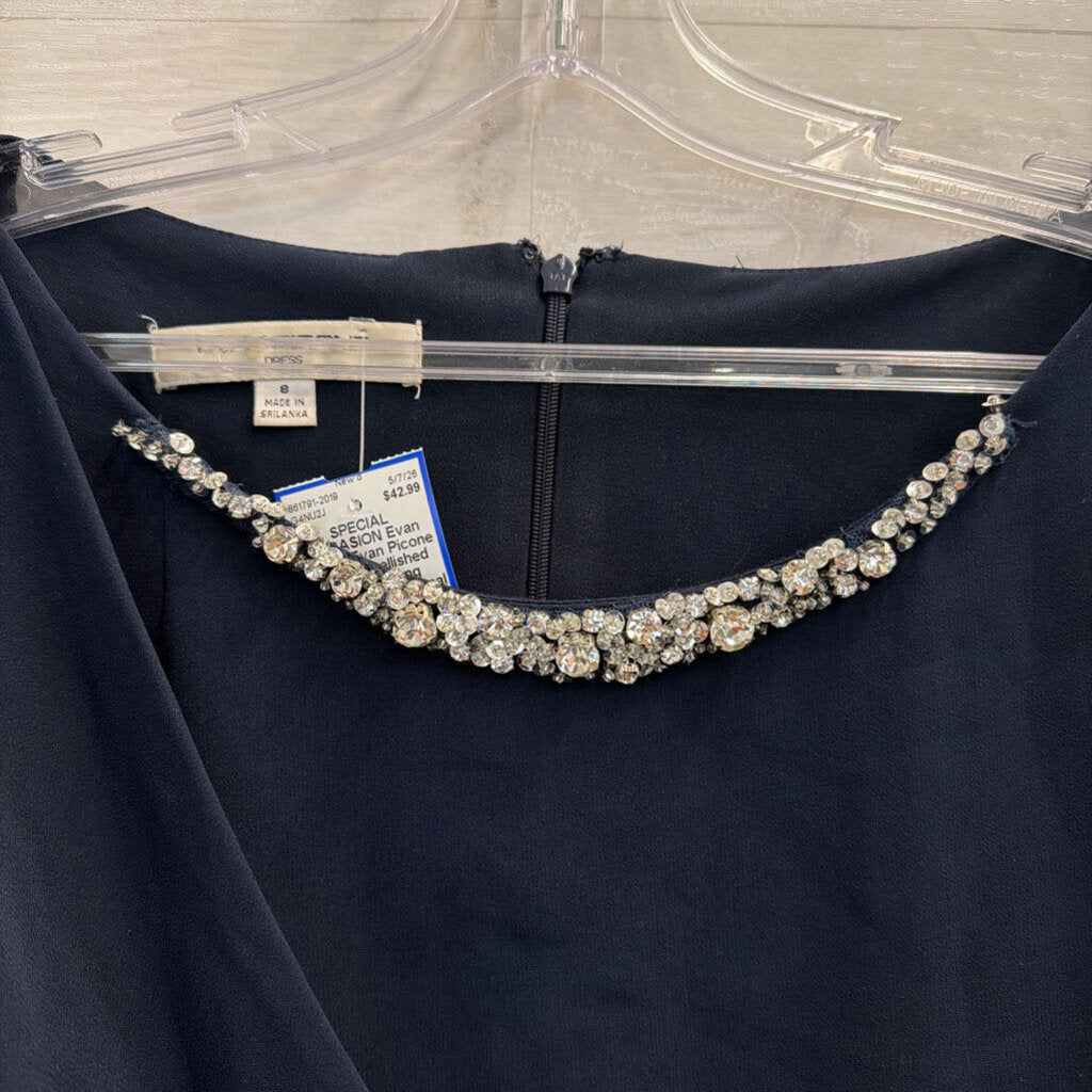 Evan Picone Navy Embellished Neckline Long Sleeve Short Formal Dress 8