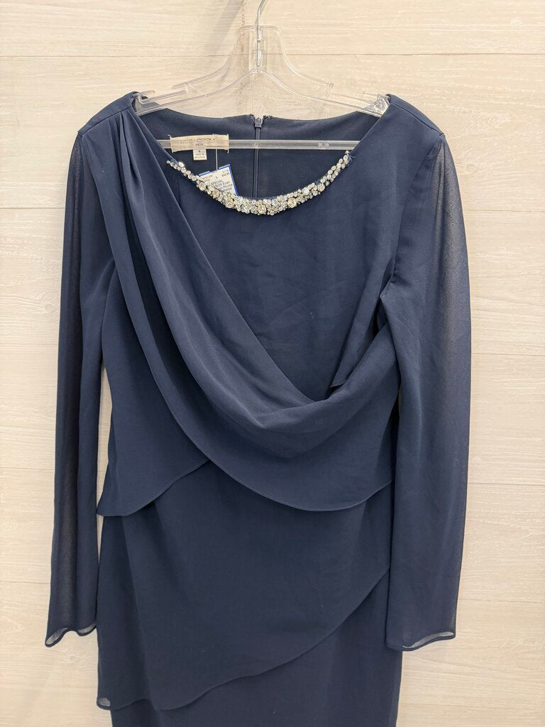 Evan Picone Navy Embellished Neckline Long Sleeve Short Formal Dress 8