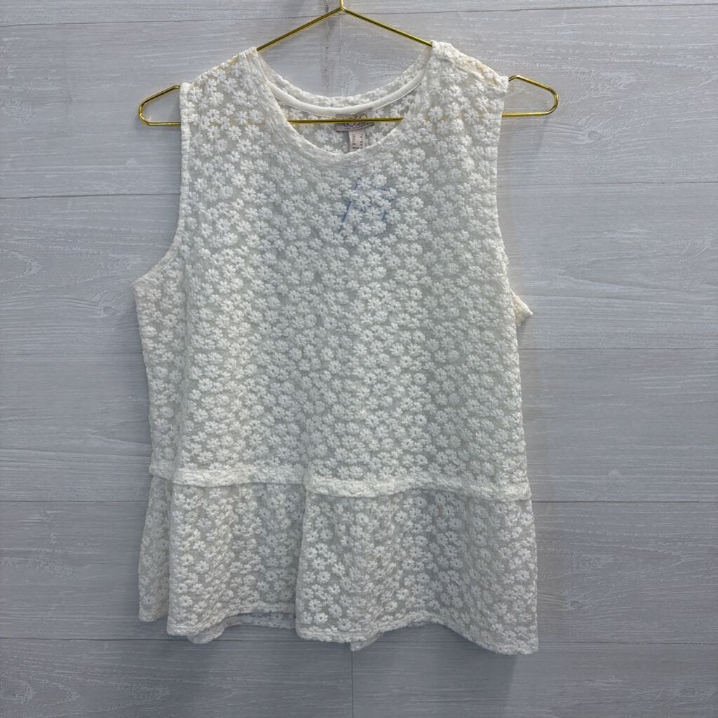 Logo White Embroidered Floral Sheer Tank Top Large