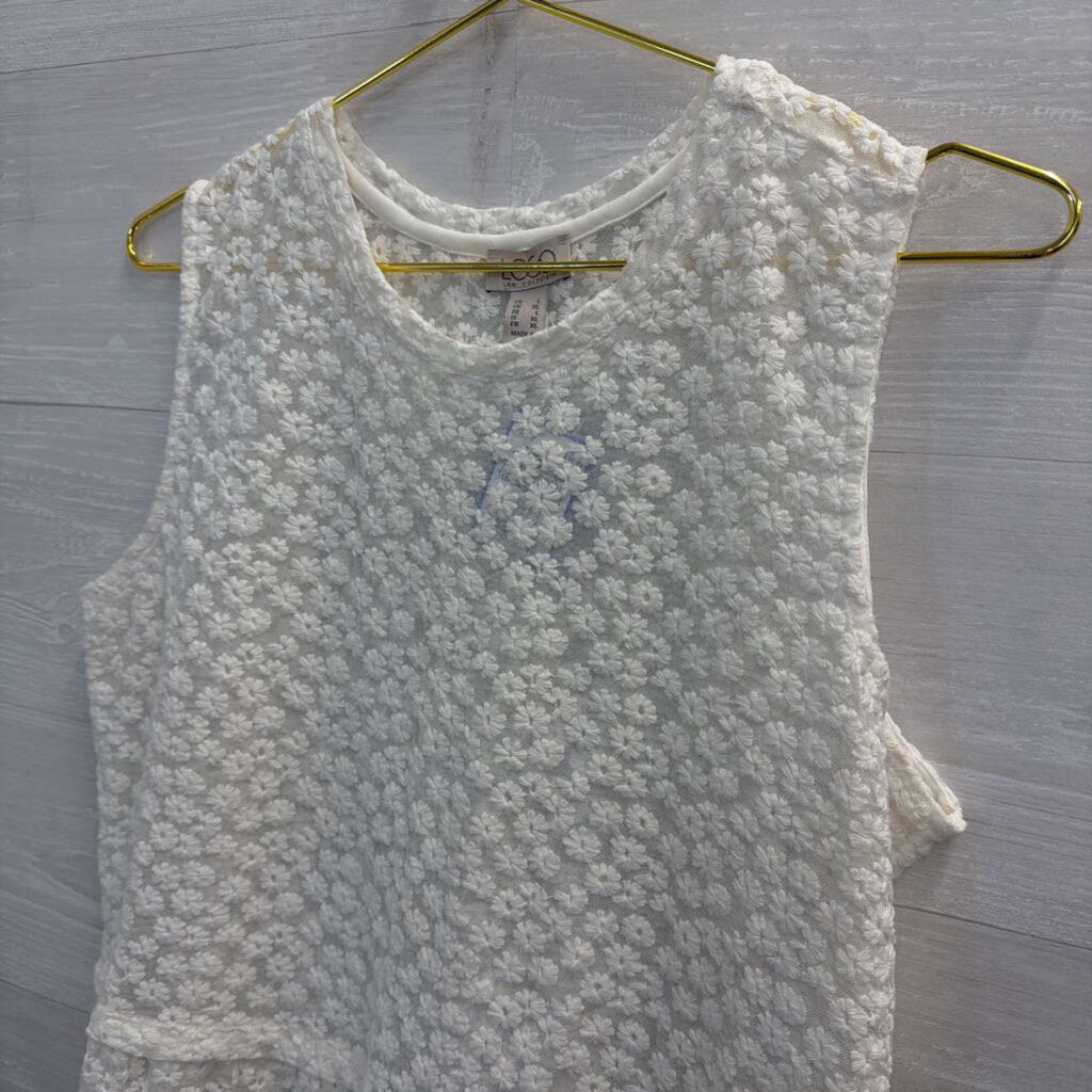 Logo White Embroidered Floral Sheer Tank Top Large