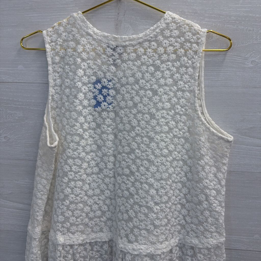 Logo White Embroidered Floral Sheer Tank Top Large