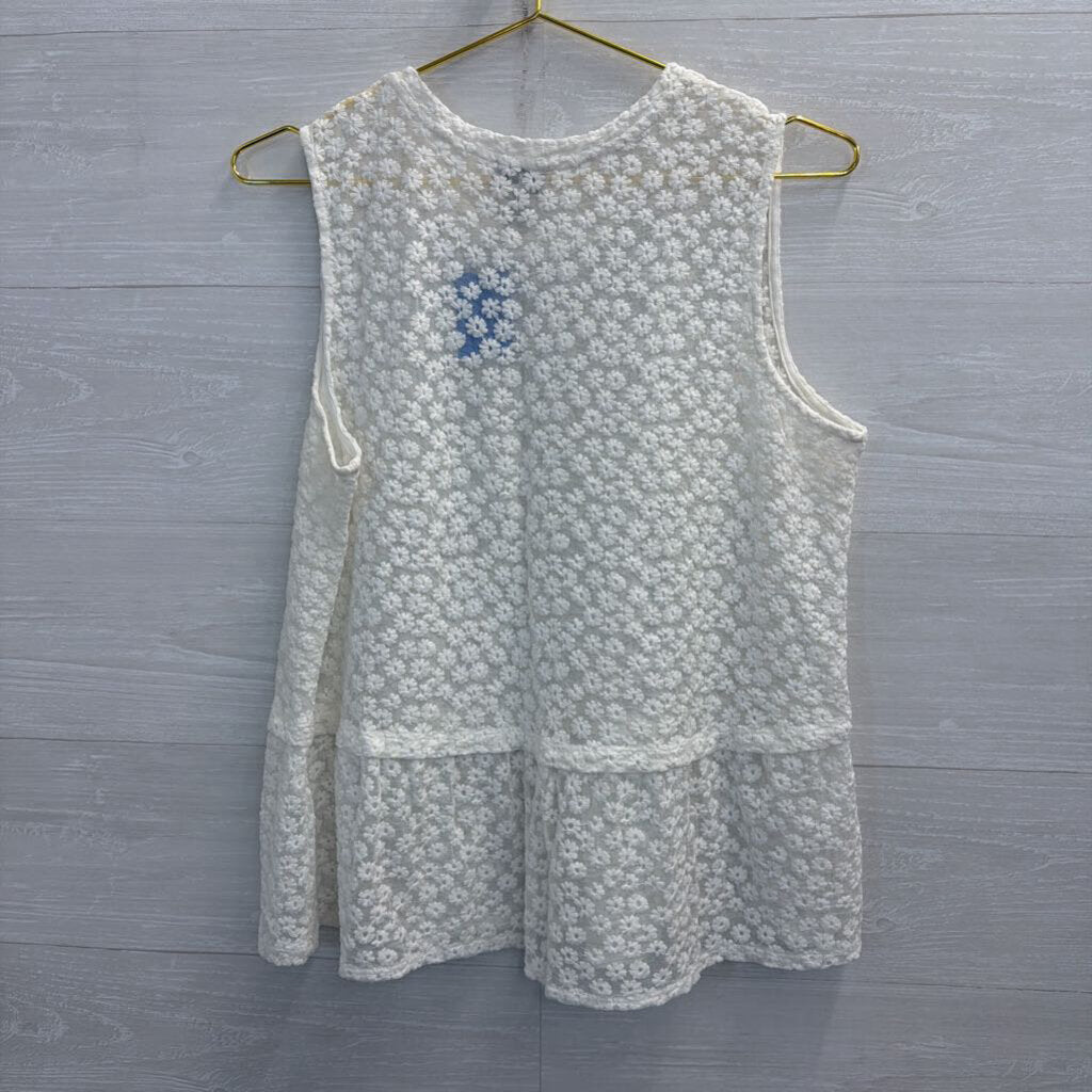 Logo White Embroidered Floral Sheer Tank Top Large
