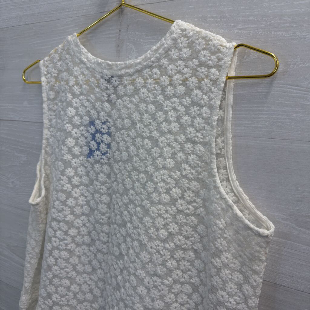 Logo White Embroidered Floral Sheer Tank Top Large