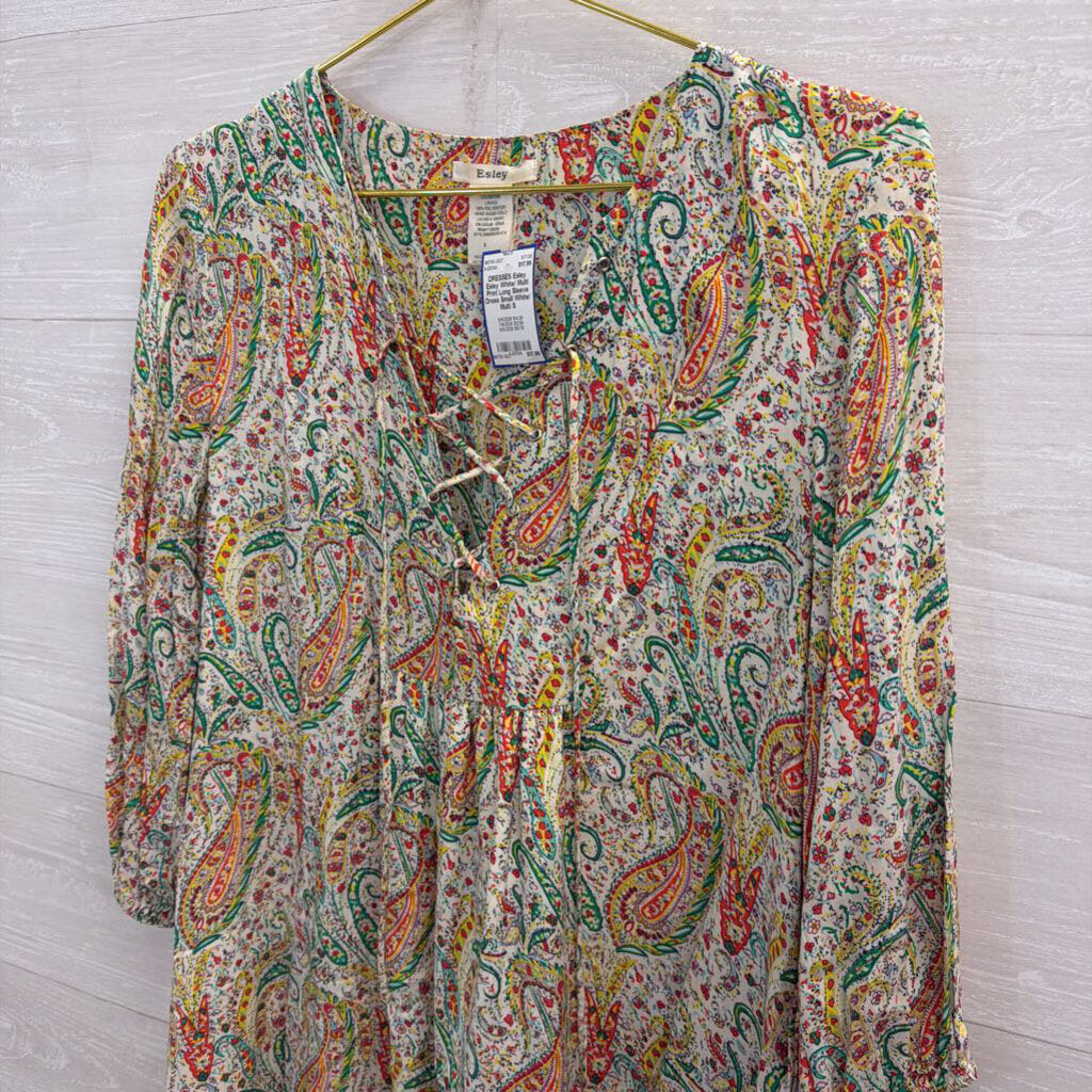 Esley White/ Multi Print Long Sleeve Dress Small