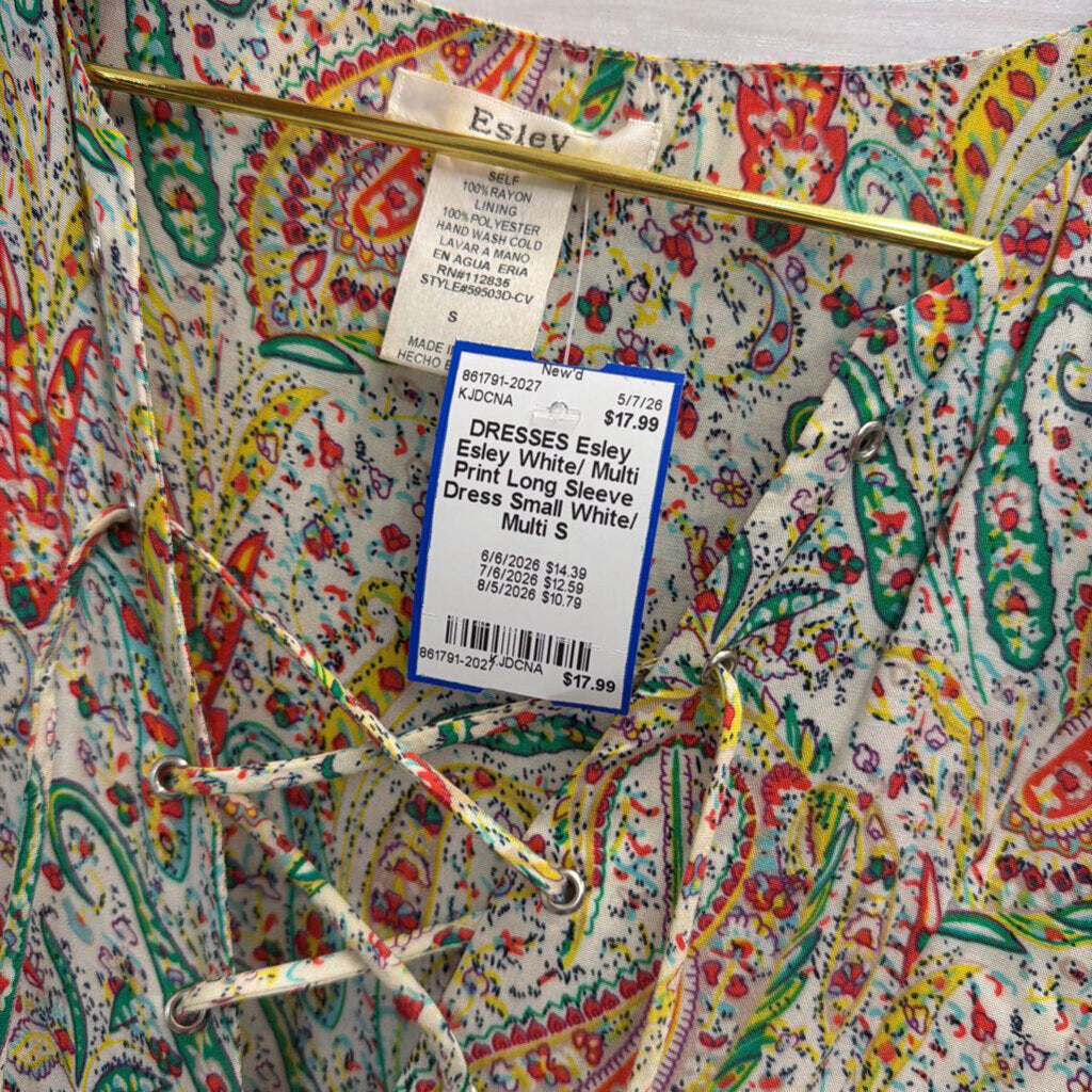 Esley White/ Multi Print Long Sleeve Dress Small