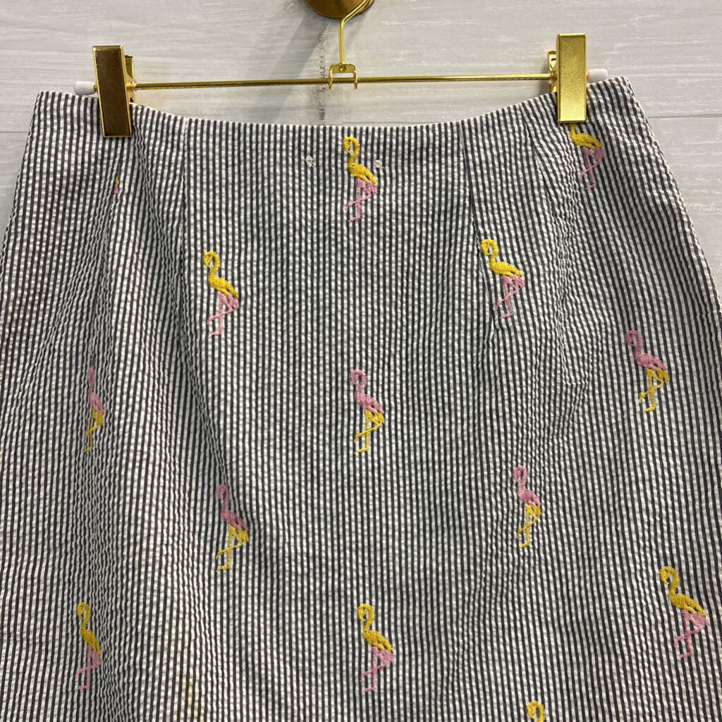 White/ Grey Striped Embroidered Flamingo Skirt 8