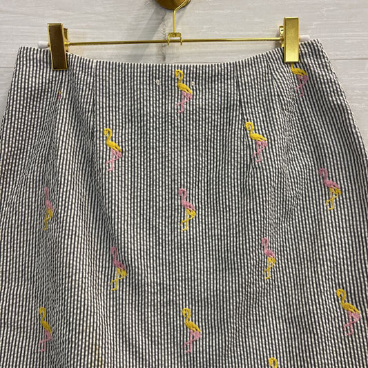 White/ Grey Striped Embroidered Flamingo Skirt 8