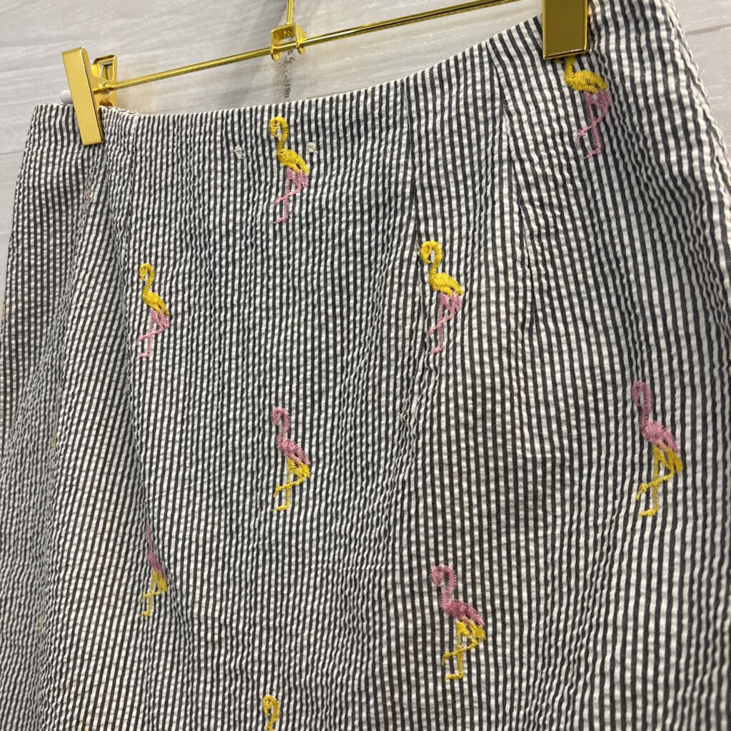 White/ Grey Striped Embroidered Flamingo Skirt 8