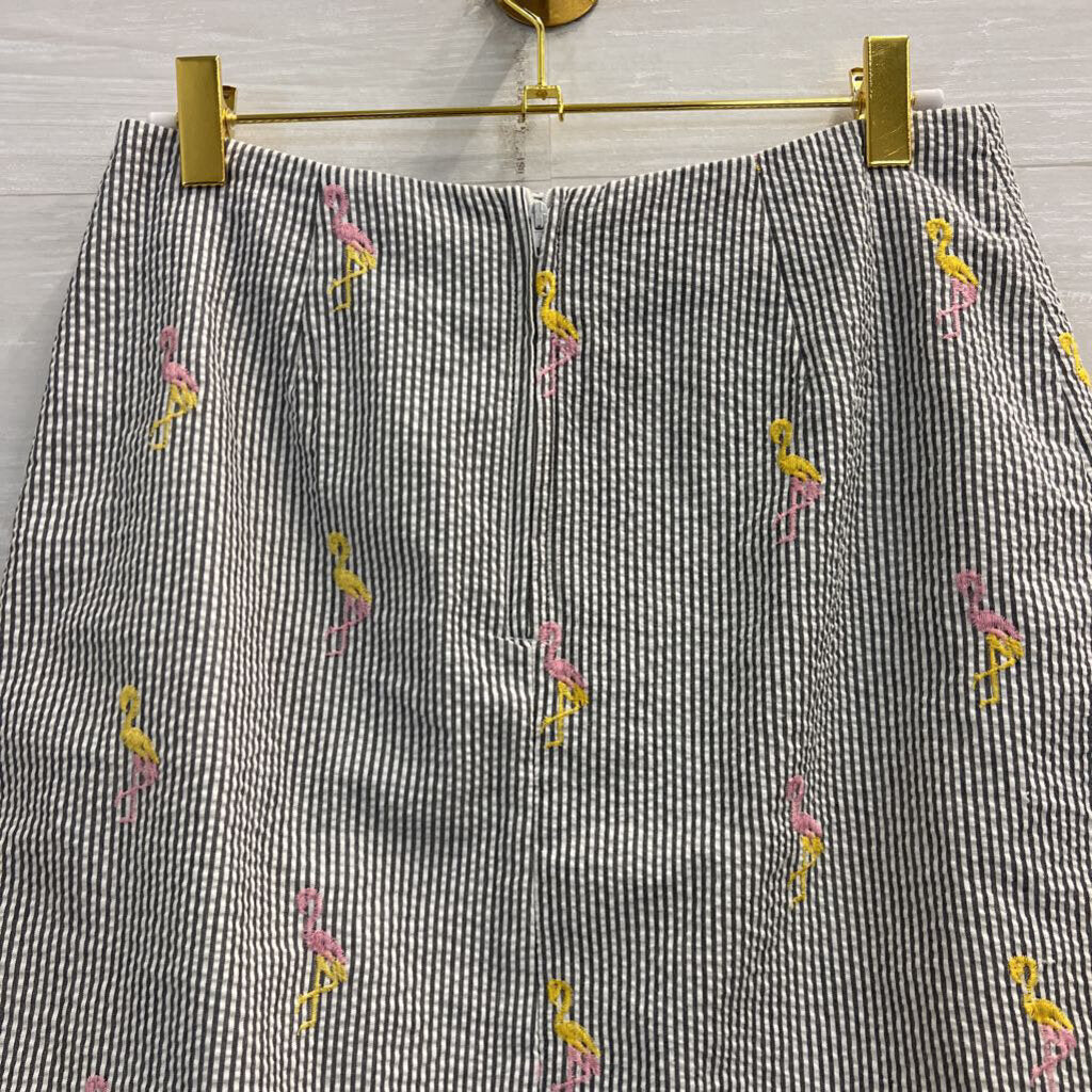 White/ Grey Striped Embroidered Flamingo Skirt 8