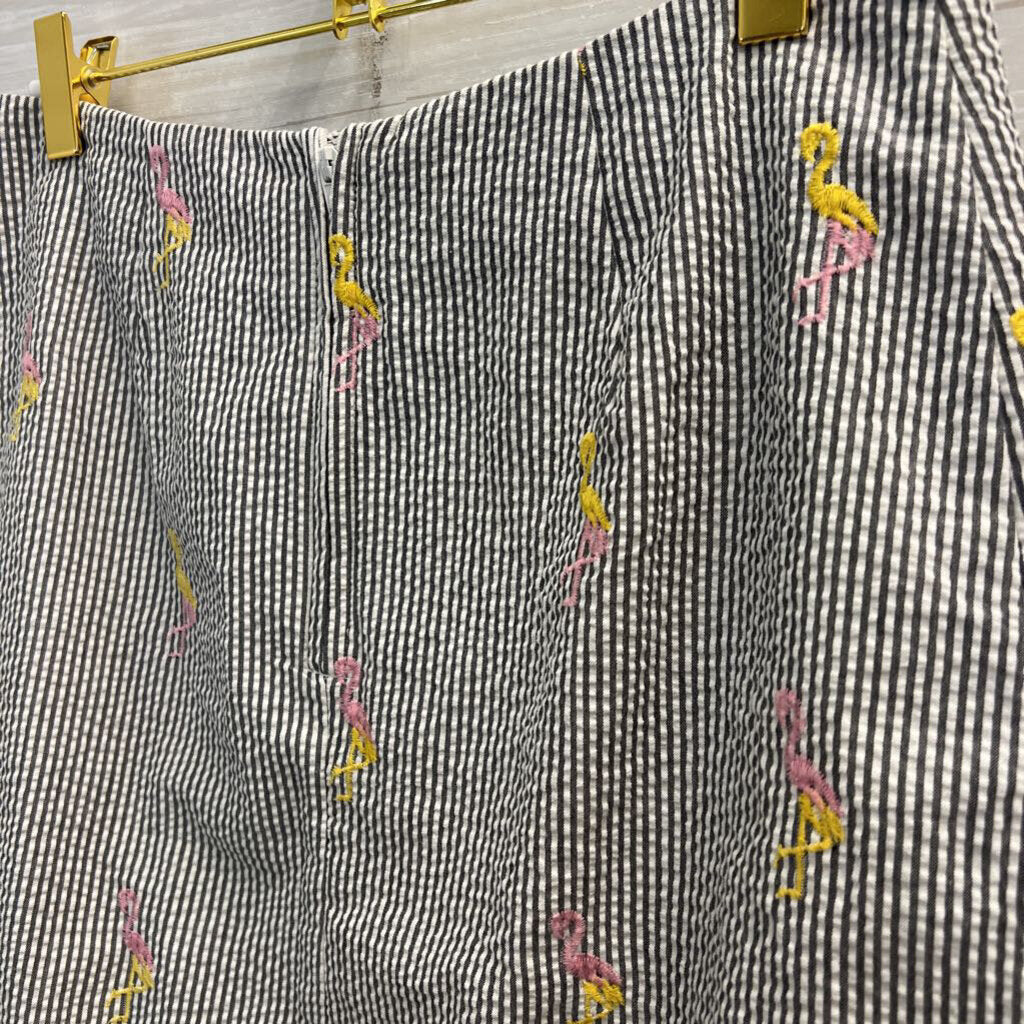 White/ Grey Striped Embroidered Flamingo Skirt 8