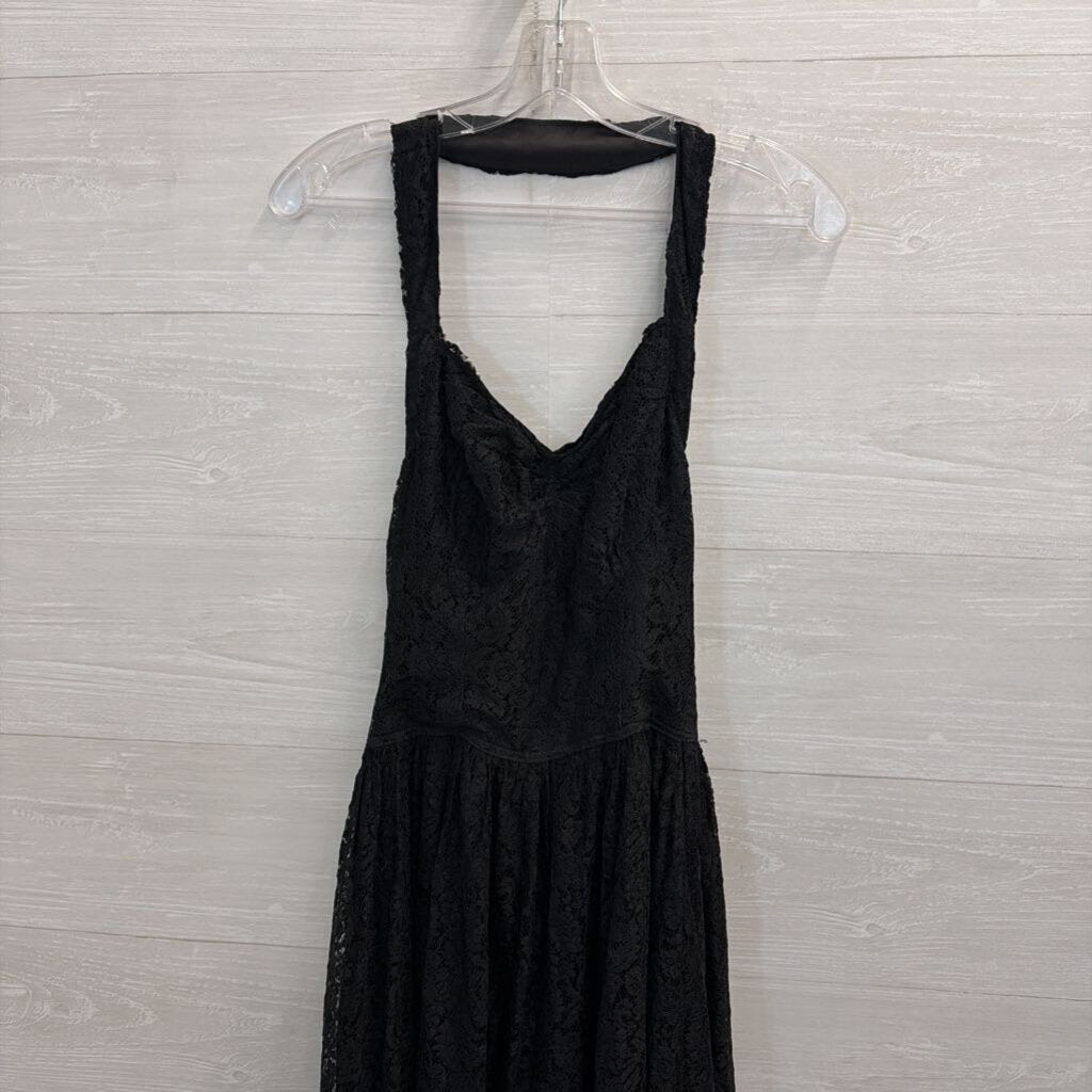 Vintage Black Lace Halter Neck Long Formal Dress Small