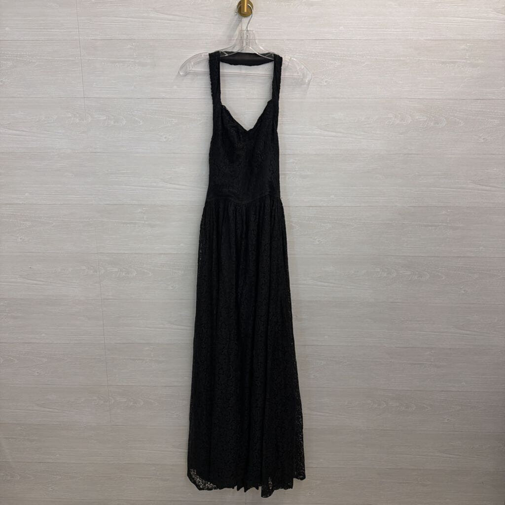 Vintage Black Lace Halter Neck Long Formal Dress Small