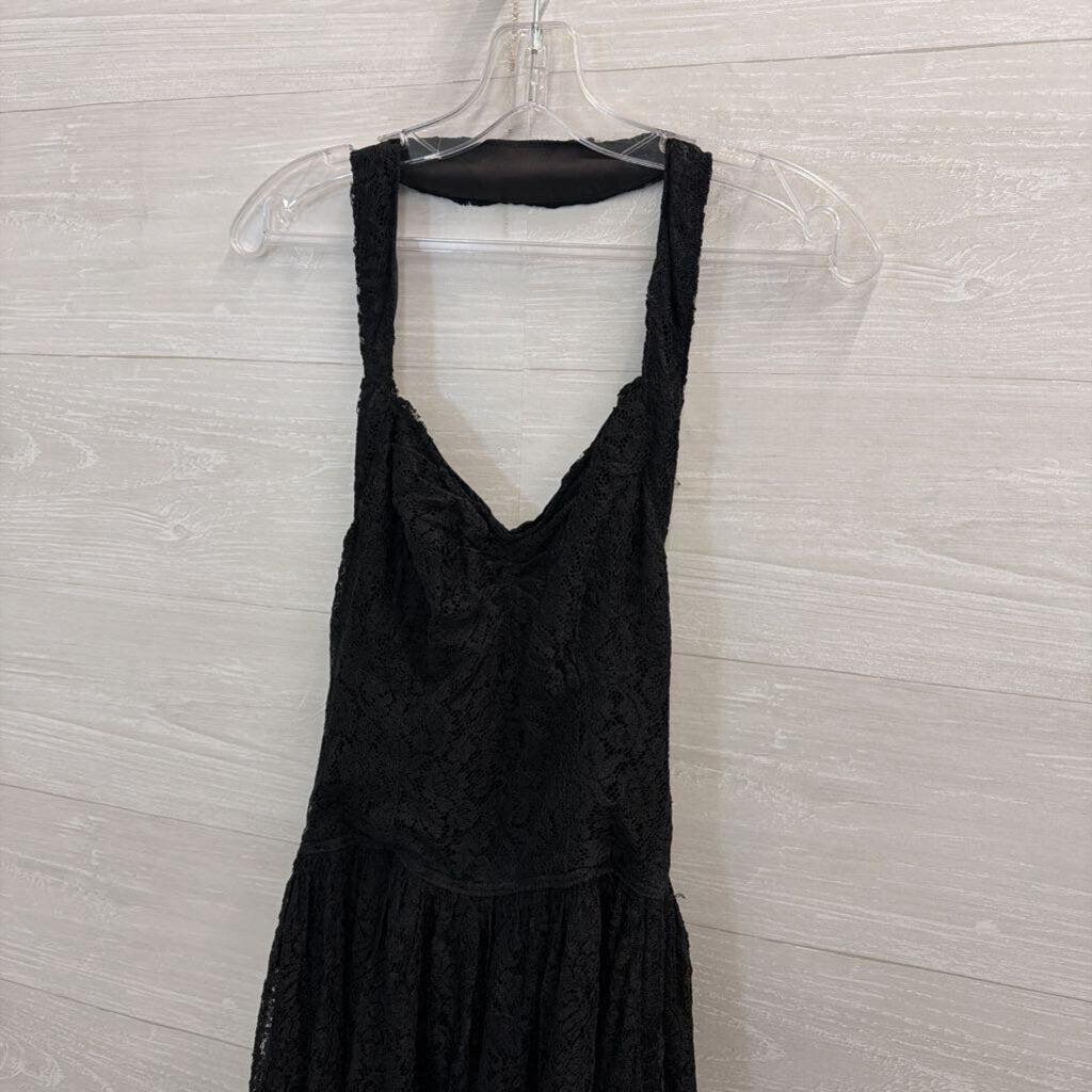 Vintage Black Lace Halter Neck Long Formal Dress Small