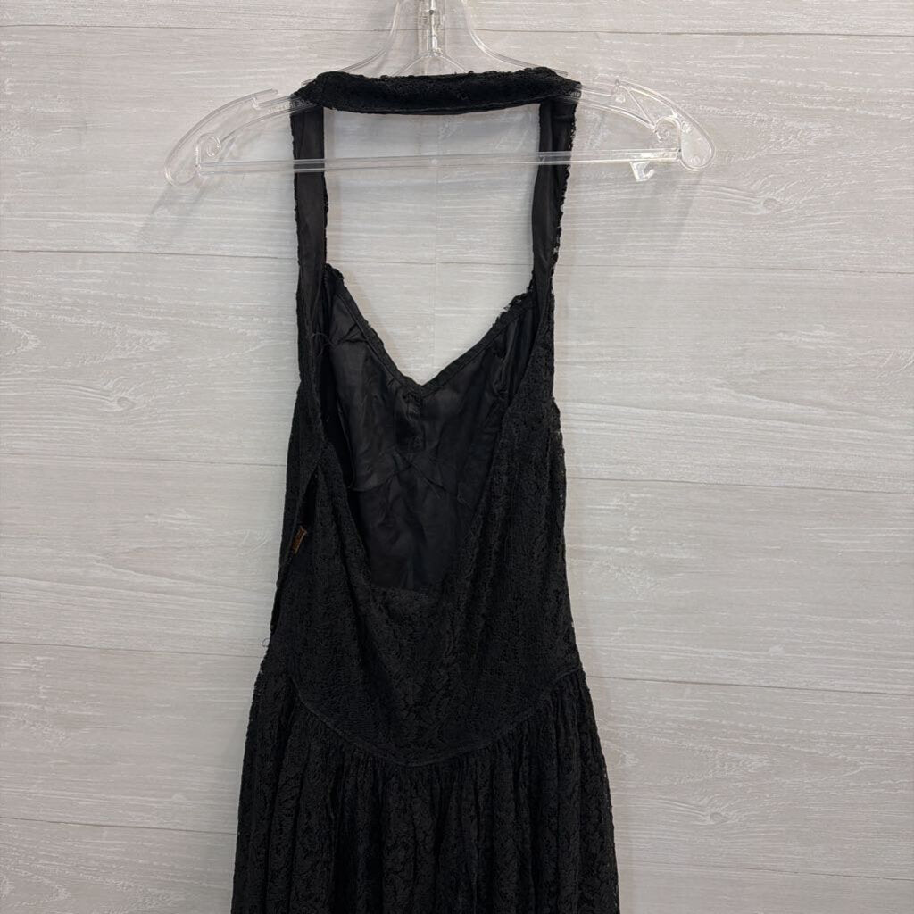 Vintage Black Lace Halter Neck Long Formal Dress Small