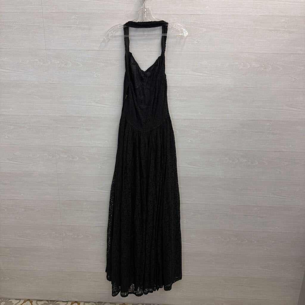 Vintage Black Lace Halter Neck Long Formal Dress Small