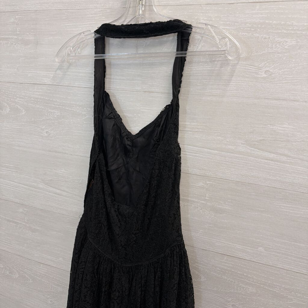 Vintage Black Lace Halter Neck Long Formal Dress Small