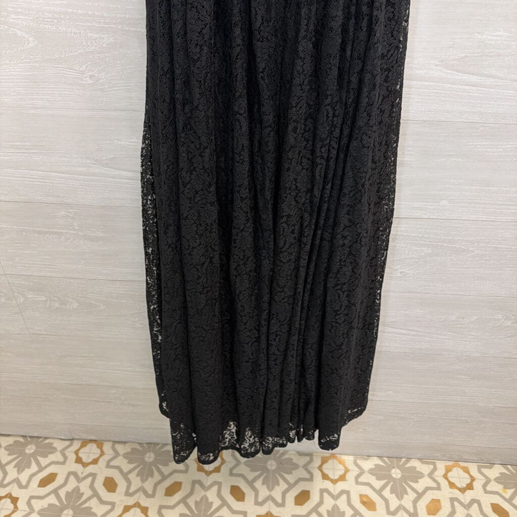 Vintage Black Lace Halter Neck Long Formal Dress Small