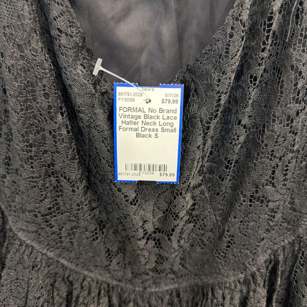 Vintage Black Lace Halter Neck Long Formal Dress Small
