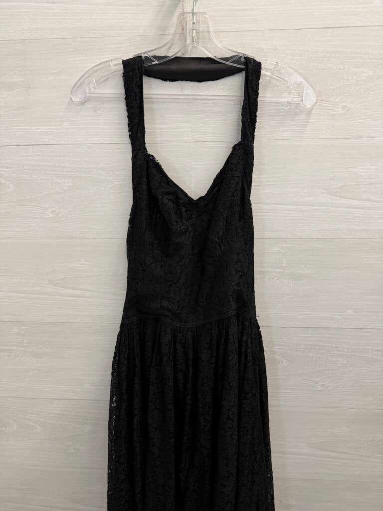 Vintage Black Lace Halter Neck Long Formal Dress Small