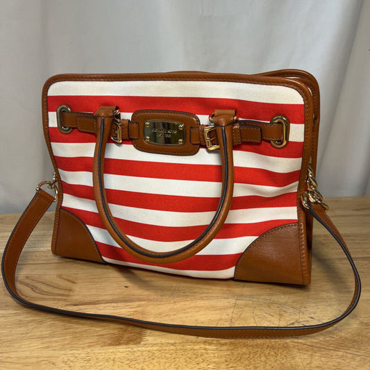 Michael Kors Red/ White Striped Canvas Brown Leather Hamilton Tote Purse