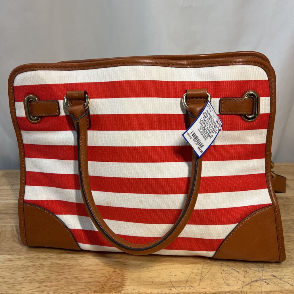 Michael Kors Red/ White Striped Canvas Brown Leather Hamilton Tote Purse
