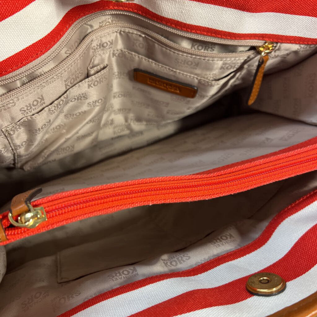 Michael Kors Red/ White Striped Canvas Brown Leather Hamilton Tote Purse