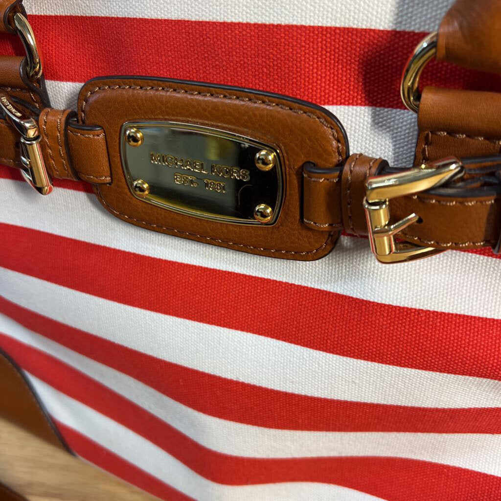 Michael Kors Red/ White Striped Canvas Brown Leather Hamilton Tote Purse